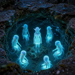 bioluminescent ethereal water elementals nesting in a rock pool, extremely detailed, sharp focus, wide view, full body shot, smooth, digital photo, by, james jean, by rossdraws, frank franzzeta, sakimichan, jeremy lipking