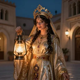 queen of the old city with her lantern, by Annie Swynnerton and Nicholas Roerich and jean delville, dramatic cinematic lighting , ornate headdress , flowing robes, lost civilizations, extremely detailed