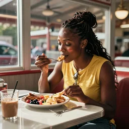 color photo of a black female champion eating a breakfast in the diner, dynamic lighting, cinematic tone.