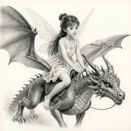 a beautiful pencil drawing of a fairy girl riding a dragon; masterpiece; extremely highly detailed; ultra-realistic; trending on artstation