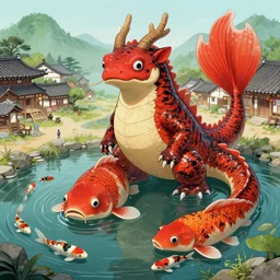 game character beautiful giant kaiju sized pond dragon half fish half salamander, wet amphibious skin, red salamander, axolotl creature, koi pond, korean village by Ruan Jia and Gil Elvgren, fullbody