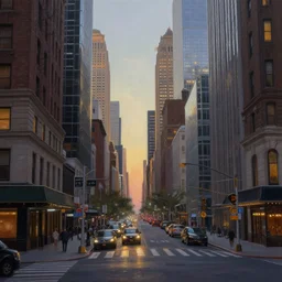 beautiful matte painting of streets of neo new york in evening by greg rutkowski, 4 k, extreme details, photorealism