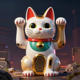 cat mecha, robot in the shape of a cat, maneki neko, vibrant colors by anato finnstark