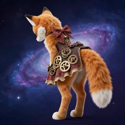 anthropomorphic lynx fursona bowing, view from behind, wearing steampunk dress with gears with lynx head, tail, paws, no boots, nebula background, by tanidareal, irakli nadar, muggur, intricate linework, unreal engine, photorealistic 3 d render, furry art, furaffinity, bright sun backlight, white fur