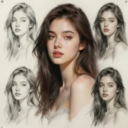 sketch of a beautiful woman, multiple sketches on a page, life drawing