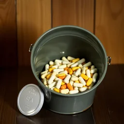 a bucket full of dog pills