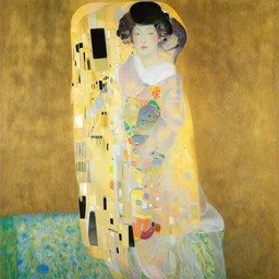 painting of a beautiful woman in flowing translucent kimono, yukio - e, klimt