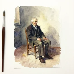 small centered on watercolor paper, paint brush strokes, abstract watercolor painting of old man sitting on broken chair, cinematic light, national romanticism by hans dahl, by jesper ejsing, by anders zorn, by greg rutkowski, by greg manchess, by tyler edlin