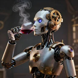 an artificial intelligence robot with gears in its head drinking wine, dynamic lighting, volumetric lighting, steam punk, octane render