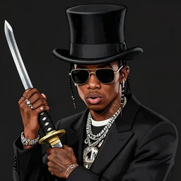 travis scott with sunglasses and a top hat holding a katana, digital art beautiful, thick lines