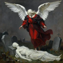 portrait of the whitewinged angel of death wearing a crimson and black robe descending on the lonesome faceless phantoms in their graves jamie wyeth james gilleard edward hopper oil painting