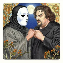 steve buscemi fighting jack black, halloween night, finely illustrated pale mask, moon light, shrubs, highly detailed, colored pencil, gainax, tankobon, in the style of ilya kuvshinov and yoshiyuki sadamoto and william - adolphe bouguereau and alphonse mucha