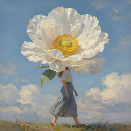 big flower head, woman walking, surreal, clouds in sky, impressionist painting, digital painting, artstation, rob gonsalves