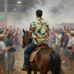 a man with short dark hair, wearing a hawaiian shirt, riding a horse in the fog, entering a crowded convention center where hundreds of spectators are cheering, epic, oil painting, hyper realistic,