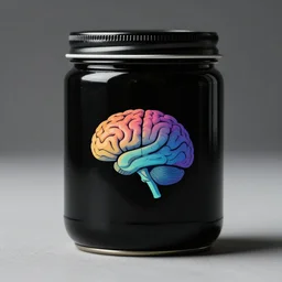 minimalistic logo of brain like nyc on black jar, advert, with dark techno. synthwave colours, in the style of spirited away, hyperrealism,