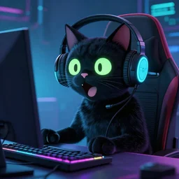 cool close - up surprised happy!! gamer black cat playing computer games, artstation, by tim burton, wearing headphones, synthewave, cyan