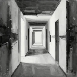 an infinite corridor, trending on artstation, masterpiece, abstract black and white painting