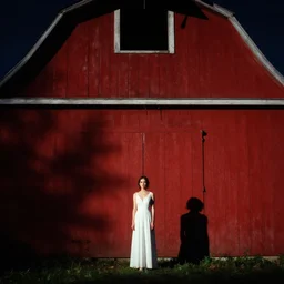 art by greg rutkowski and ruan jia. a lonely elegant and grace young woman in the shadow of a red! barn!. cinematic, sharp edges, stage light. white!! dress!!. establishing shot, sense of melancholy.