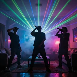 white friends rapping in their living room, epic poses, silhouetted, distinct figures, psychedelic hip-hop, laser light show, fog, beams of light, 4k