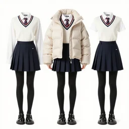 contemporary high fashion reinterpretation of a girl's school uniform designed by balenciaga. puffer jacket tight leggings
