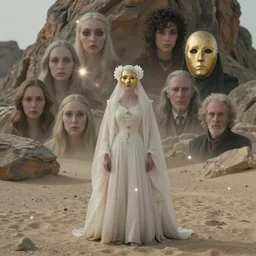 The full body shot of beautiful pale witch with a white flower and full-face golden mask in a rocky desert Dune, multiple eyes by Denis Villeneuve, Lubezki, Gaspar Noe, Darren Aronofsky, Guillermo del Toro and Christopher Doyle, anamorphic lens, anamorphic lens flares, kodakchrome, cinematic composition, practical effects, award winning photo, 8k