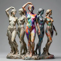 statue sculpture of Emma Watson by Jean-Baptiste Carpeaux and Luo Li Rong and Michael James Talbot, all body, standing athletic pose, perfect symmetrical face, psychedelic colors, bodypaint, acrylic paint splashes, in full growth, elegant, realistic, 8K, female full-skin figure, hyperrealism, subsurface scattering, raytracing, rim light, Octane Render, Redshift, Zbrush