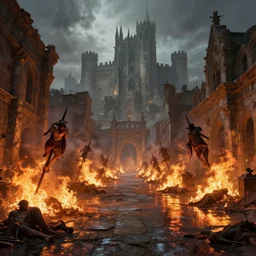 burning ancient city streets with bodies impaled on stakes, a large gothic castle in the background by greg rutkowski lumen reflections matte painting fantasy specular lighting trending on artstation