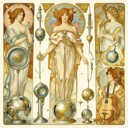 psychedelic interdimensional futuristic musical instruments, aubrey beardsley, alphonse mucha, Charles Gesmar, winold reiss, erte, paul laffoley, leonardo da vinci, philippe druillet, roger dean
