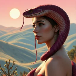 burgundy snake girl in sun hills at midday. highly detailed, digital painting, watercolor, soviet realism, engraving, artstation, concept art, smooth, sharp focus, vivid grunge, illustration, unreal engine 5, 8 k, art by bilibin and kilian eng and kuvshinov and malevich and mucha