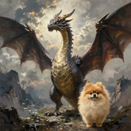 concept art painting of a dragon pomeranian with a long neck, by james gurney and greg rutkowski