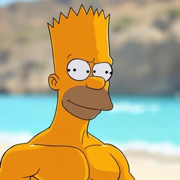 professional photo of bart simpson, with muscular fit body and very very very detailed face, on the beach at noonday, blur background, original simpsons cartoon style