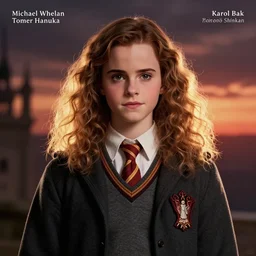 Poster artwork by Michael Whelan and Tomer Hanuka, Karol Bak. Rendering of Emma Watson as Hermione Granger. Dark. Clean. Full of details. Extremely detailed. Rim lit. Back light. Sunset. By Makoto Shinkai and thomas kinkade. Matte painting. Trending on artstation and unreal engine.
