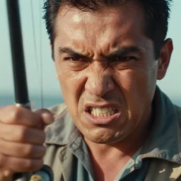 close up shot of a very angry fisherman, sharp focus, cinematic lighting, retro, vintage photography