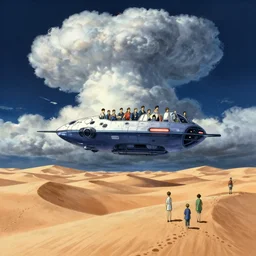 illustration of a spaceship over sand dunes at night with cummulonimbus clouds by moebius, by makoto shinkai, by oliver vernon, by joseph moncada, by damon soule, by manabu ikeda, by kyle hotz, by dan mumford, by kilian eng, by nico delort