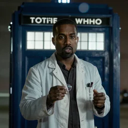 kanye west as the doctor in doctor who, doctor who, tardis! tardis! movie still, cinematic lighting, ray tracing, octane render, long lens, shallow depth of field, bokeh, anamorphic lens flare, 8 k, hyper detailed, 3 5 mm film grain