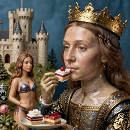 closeup medieval jan van eyck face portrait of tin toy greta thunberg as a fairytale princess wearing a crown eating cakes in the castle, bikini, detailed and intricate environment, nicoletta ceccoli, mark ryden, lostfish, hyperrealistic, octane render