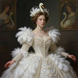 a realistic queen with a decorated dress made of white pearls and white plumes of swan, highly detailed, digital painting, Trending on artstation , HD quality, by artgerm and greg rutkowski and alphonse mucha, dramatic light, octane