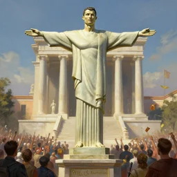 greek statue of cristiano ronaldo as the god of football, temple, crowd, view from afar, highly detailed, digital painting, artstation, concept art, illustration, art by artgerm and greg rutkowski and alphonse mucha