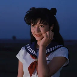A medium shot, mid-shot, 500mm film shot from afar Usagi Tsukino smiling nervously, the TV series Fraiser, Blue hour twilight, low-key dramatic lighting, from 1994.