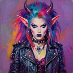 portrait of an apocalyptic demonic goblin witch biker babe character, hot girl, perfect face, cool pose, psychedelic vibrant colors, futuristic punk rock fashion, oil painting by michael whelan art, sharp focus, realistic, detailed eyes, 8 0 s hair, studded leather jacket, 8 k