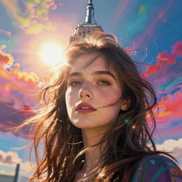 close up portrait, front flip, windy, empire state tower, sun blasting, glare, crazy colours in background