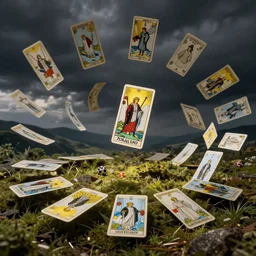 whirlwind of tarot cards, tarot cards, tarot cards, tarot cards, volumetric lighting, landscape, by greg rutkowski