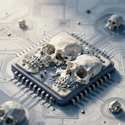 an integrated circuit presenting a detailed pattern of bones, blue print