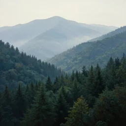 hyperreality, mountains and forest stretching into the distance, fog, louise parker, tony's art,, greg rutkowski