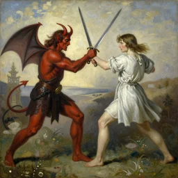 A painting of two people, one a demon and the other a human, fighting each other with swords.  by Edward Lear peaceful