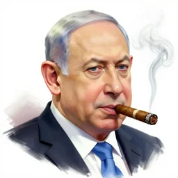 airbrush caricature of netanyahu smoking a cuban cigar
