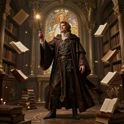 highly detailed portrait of a a wizard with a wand, library in the style of baroque, flying magic books, correct anatomy and body proportions, unreal engine, in the style of greg rutkowski and alphonse mucha, global illumination, detailed and intricate environment, mysterious, comfort, in the style of aetherpunk