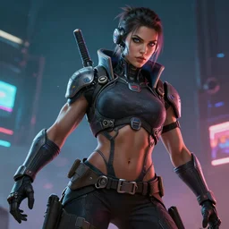 highly detailed digital art, masterpiece portrait muscular cyberpunk warrior female clothed, cyberpunk character portrait, dynamic pose, ambient lighting, perfect face, 4 k realistic, intricate detail, digital painting, artstation, wlop, van heroes, franks, vaporwave