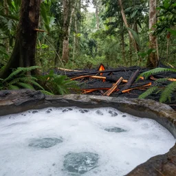pristine bath filled with bubbles in a clearfelled jungle, slash and burn, deforestation
