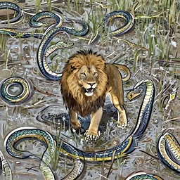 CROSS HYBRID between lion and SNAKE roaming the swamps, cinematic, digital art, photorealistic, artstation